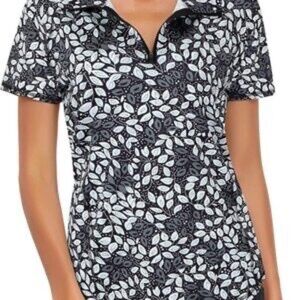Black and White Leaf Print Zipper Polo Shirt